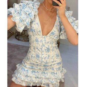 Floral Blue and White Ruffle Dress